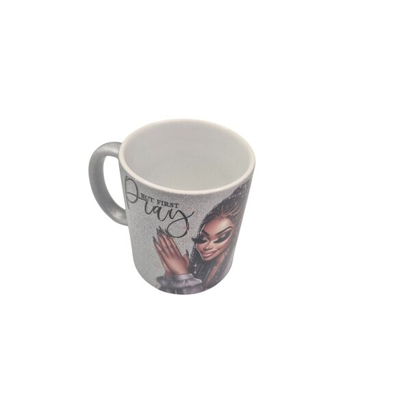 Handmade 12 oz Coffee Mug – “But First Pray” Glitter Silver Cup | Inspirational - Picture 6 of 7